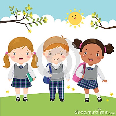 Three kids in school uniform going to school Vector Illustration