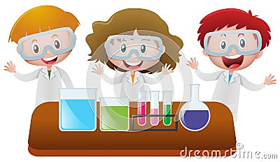 Three kids in science lab Vector Illustration