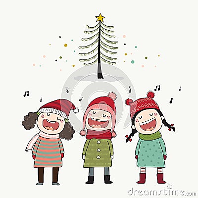 Three kids singing Christmas caroling with pine tree. Vector Illustration