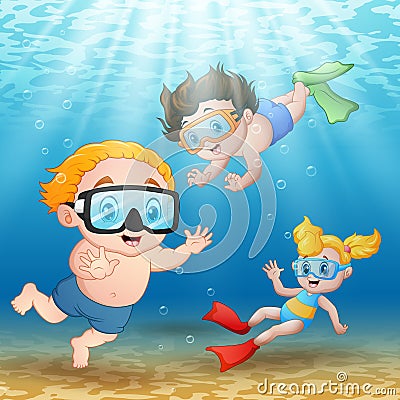 Three kids swimming and diving underwater Vector Illustration