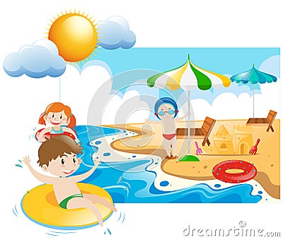 Three kids swimming and playin at sea Vector Illustration