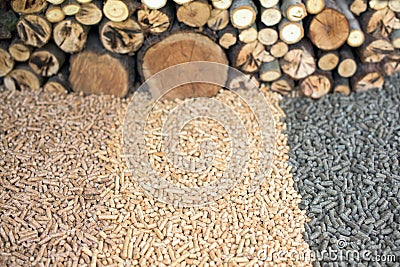 Three kind wooden pellets and woods Stock Photo