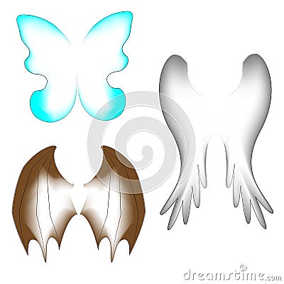 Three kinds of wings. Wings of a butterfly, a bird, a dragon. Suitable for a fairy-tale costume, for creating a fantastic image. Cartoon Illustration