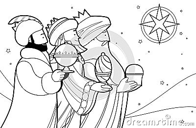 Three Kings or Magi cartoon outline vector for coloring page Vector Illustration