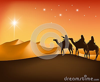 The Three Kings Riding with Camels in the Desert Vector Illustration