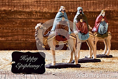 Three kings and text happy epiphany Stock Photo