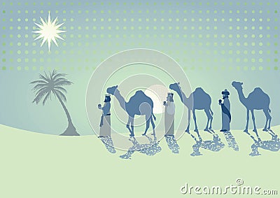 Three kings traveling with camels Vector Illustration