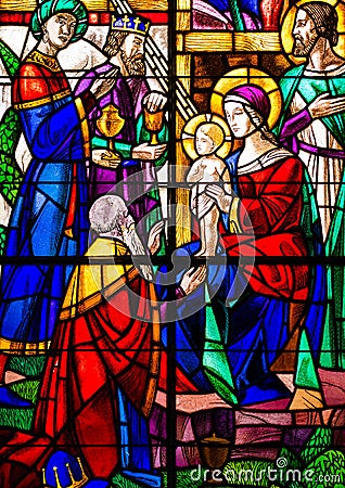 Three Kings Visit Jesus Stained Glass Stock Photo