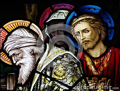 The three kings visiting Jesus Stock Photo