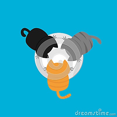 Three kittens eating drinking milk from plate bowl. Cat feeding concept. Vector Illustration