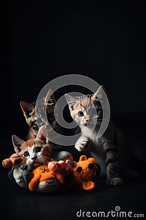 Three kittens are playing with a stuffed animal. Generative AI image. Stock Photo