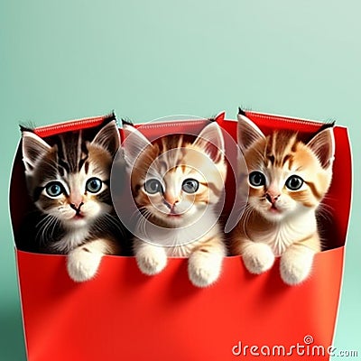 Three kittens pop out of a red candy box,generated illustration with AI Cartoon Illustration