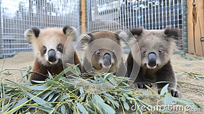 Three koala bears are standing in a cage next to some eucalyptus leaves, AI Stock Photo