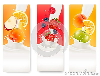 Three labels with different fruit falling into splashes of milk. Vector Illustration