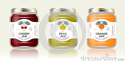 Three labels fruit jam. Cherry, pear, orange jam labels and packages. Three packaging. Vector Illustration