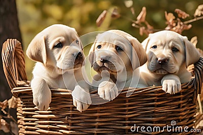 Three labrador puppies in a basket Stock Photo