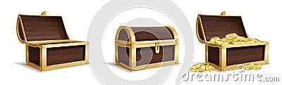 Three large chests. Empty closed chest pile of bright golden coins inside vintage wooden trunk, medieval mystery pirate Vector Illustration