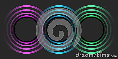 Three large circles pattern with effect ripples colorful halftone neon, circular blank frames shine abstract background, geometric Vector Illustration