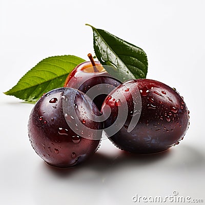 Three large plums fruit with green leaves Stock Photo