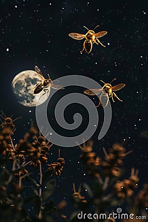 Three large wasps fly near the night moon Stock Photo