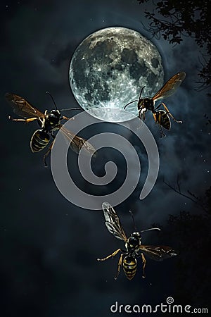 Three large wasps fly near the night moon Stock Photo