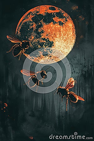 Three large wasps fly near the night moon Stock Photo