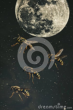 Three large wasps fly near the night moon Stock Photo