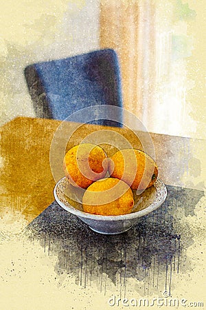 Three lemons in a bowl on wooden table in watercolor style Stock Photo
