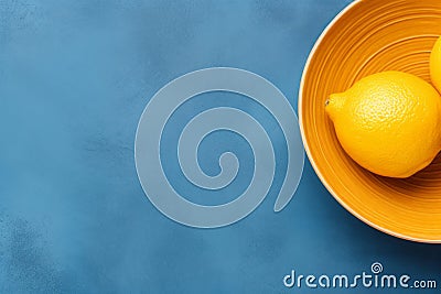 three lemons in an orange bowl on a blue background Stock Photo