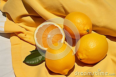 three lemons sit on top of a yellow cloth Stock Photo