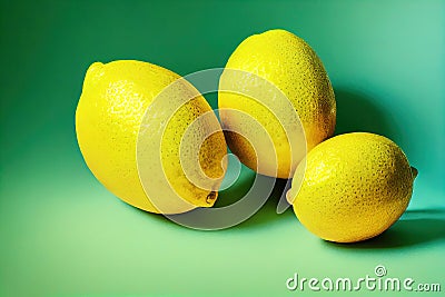 three lemons are sitting on a green surface with a blue background and a green background behind them Stock Photo