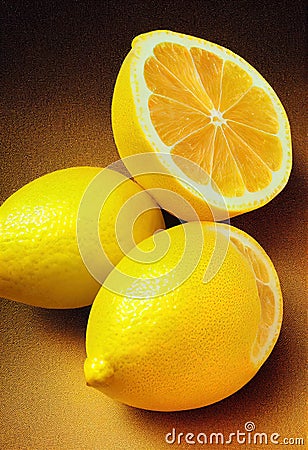 three lemons are sitting on a table with one cut in half and the other half whole on top Stock Photo