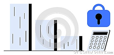 Bar Graph with Lock and Calculator Symbolizing Data Security and Financial Analysis Vector Illustration