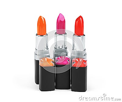 Three lipsticks in metallic tubes isolated over white background Stock Photo