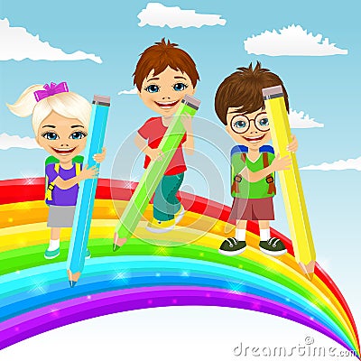 Three little children drawing together a beautiful colorful rainbow with color pencils Vector Illustration