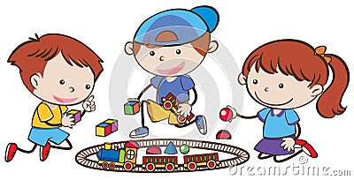 Three little children playing train set Vector Illustration