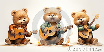 Three little cute baby bears playing acoustic guitars Stock Photo