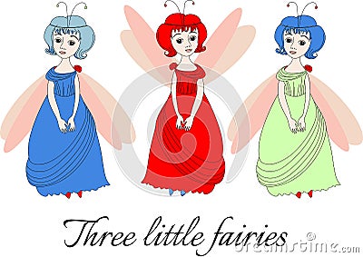 Three little fairies. Cute illustration with beautiful girls. Vector Illustration