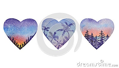 Three heart shapes with a sunrise landscape inside Stock Photo