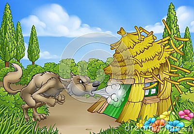 Three Little Pigs Big Bad Wolf Blowing Down House Vector Illustration