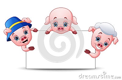 Three little pigs cartoon with blank sign Vector Illustration