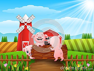 Three little pigs playing logs Vector Illustration