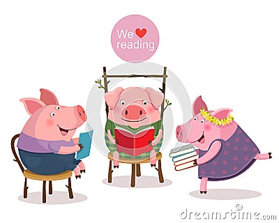 Three little pigs reading a book Vector Illustration