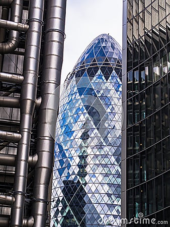 Three London Skyscrapers - Gherkin, Lloyds, Willis Stock Photo