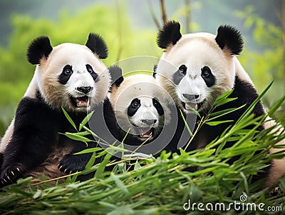 Three lovely pandas sitting on the grassland Cartoon Illustration