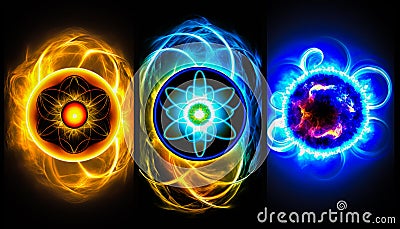 Three luminous emblems with different colors . The three main types of energy in the universe are electric, magnetic and Stock Photo
