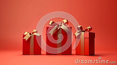 Three luxury red gift box with gold color ribbons come in different size on red background, valentine's day, christmas, Stock Photo