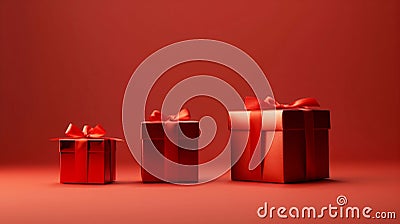 Three luxury red gift boxes with red ribbons come in different size on red background, new year, valentine's day, christmas, Stock Photo