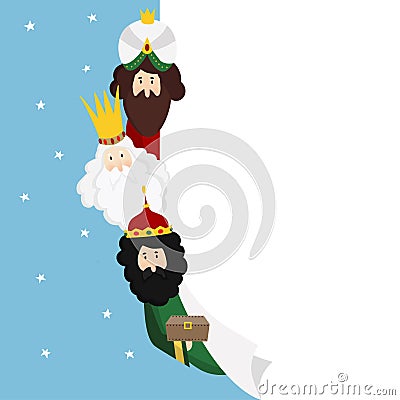 Three magi. Biblical kings Caspar, Melchior and Balthazar. Christmas vector illustration background, web banner for Vector Illustration