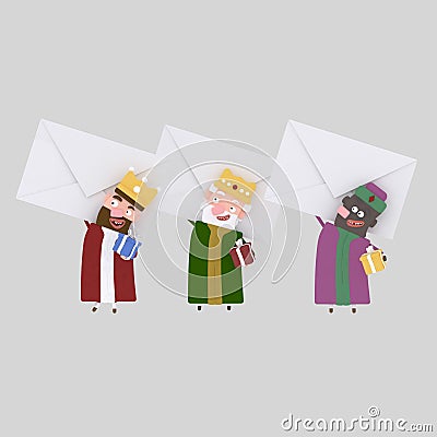 Three Magic Kings holding big letters. 3D Cartoon Illustration